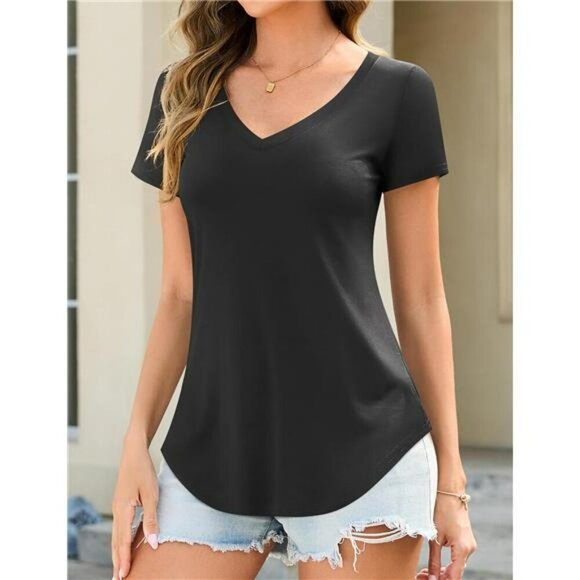 Womens v neck tunic top curved hem casual loose fit t shirt short sleeve tee - Picture 3 of 7